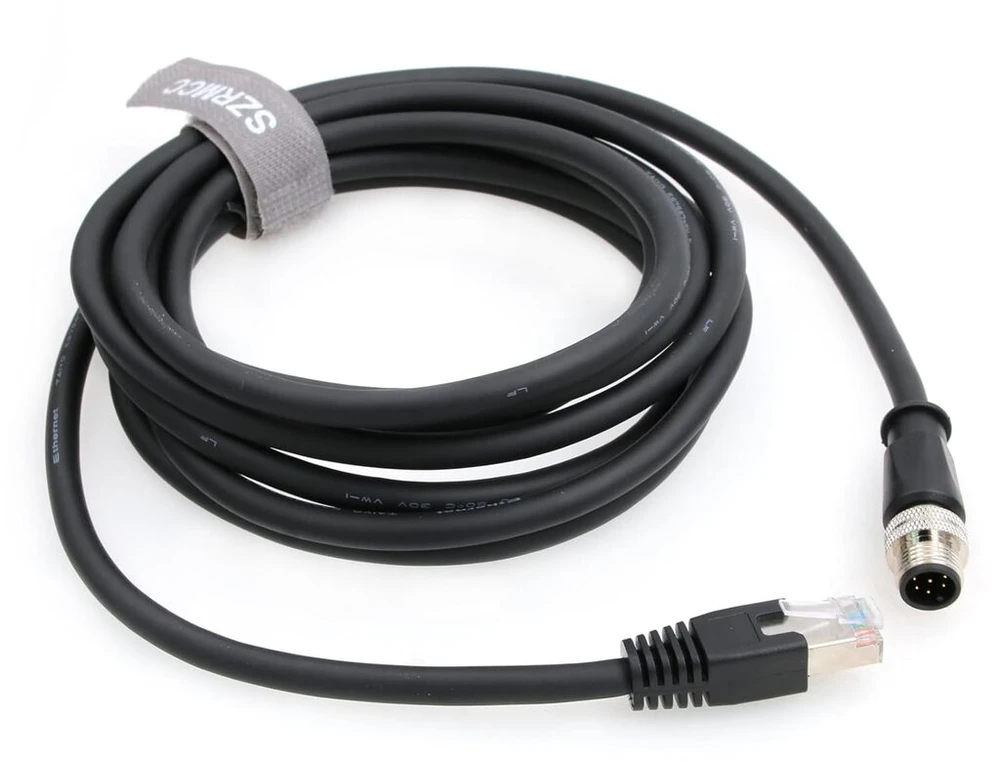 Szrmcc M12 A Code 8 kontaktų kištukinis į Rj45 ethernet cat6 gigabitinis ekranuotas vandeniui atsparus jutiklio pavaros kabelis, skirtas cognex in-sight 7000 dmr-300 kameros vaizdo jutikliams (juodas, 2 m)