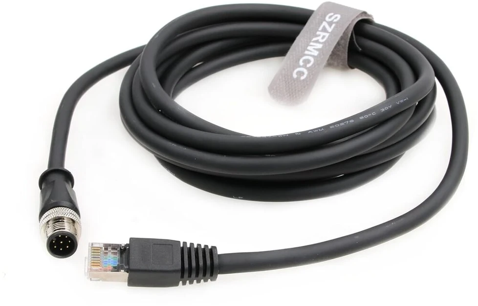 Szrmcc M12 A Code 8 kontaktų kištukinis į Rj45 ethernet cat6 gigabitinis ekranuotas vandeniui atsparus jutiklio pavaros kabelis, skirtas cognex in-sight 7000 dmr-300 kameros vaizdo jutikliams (juodas, 2 m)