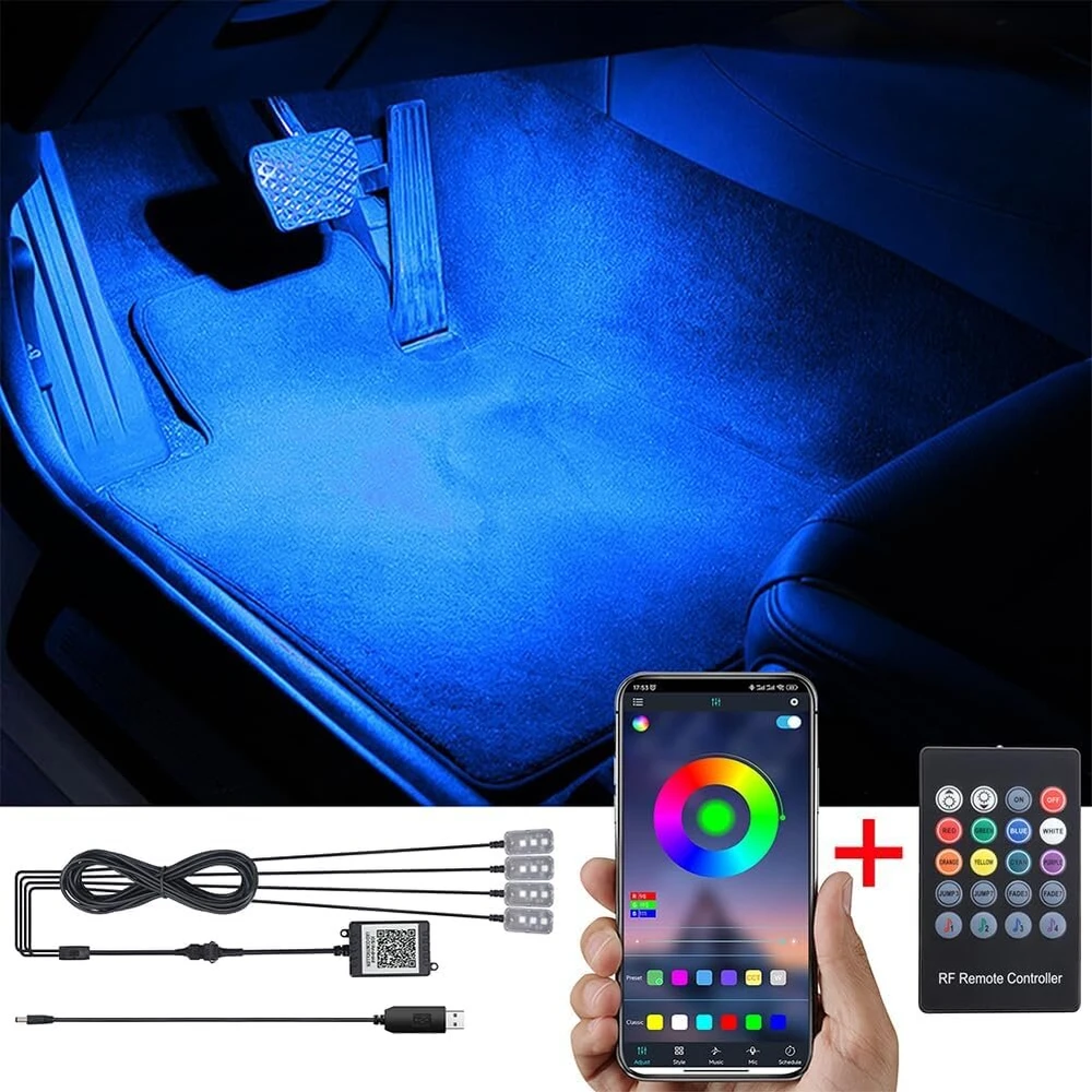 Taben rgb automobilio kojų apšvietimo rinkinys su programėlės valdymu + rf nuotolinis valdymas, 16,7 milijonų spalvų, sinchronizuojamas su muzika, usb kabelis, automobilio vidaus kojų atmosfera, šviesa dc 12v