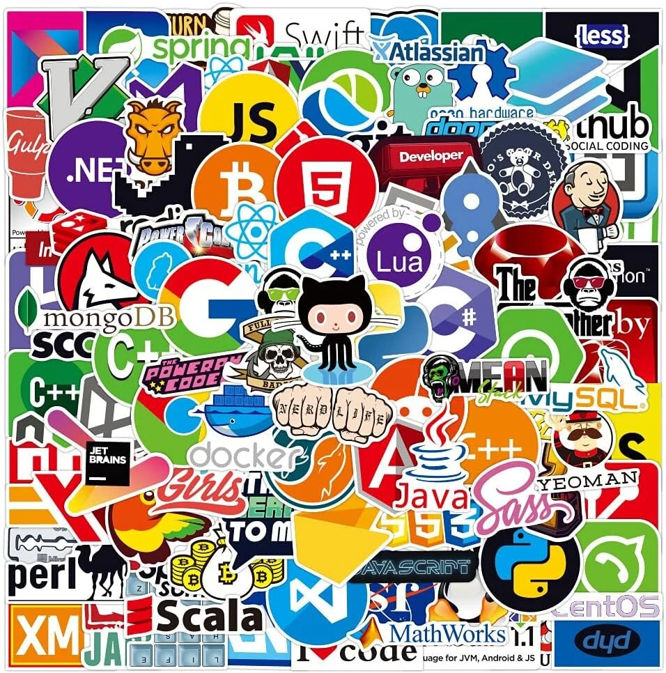 Tacomexi 108 vnt. nešiojamojo kompiuterio lipdukų, skirtų programuotojams, su programavimo kalbų lipdukais, It logotipais C++ Python Linux Swift, skirtiems geek'ams, inžinieriams, hakeriams, programuotojams