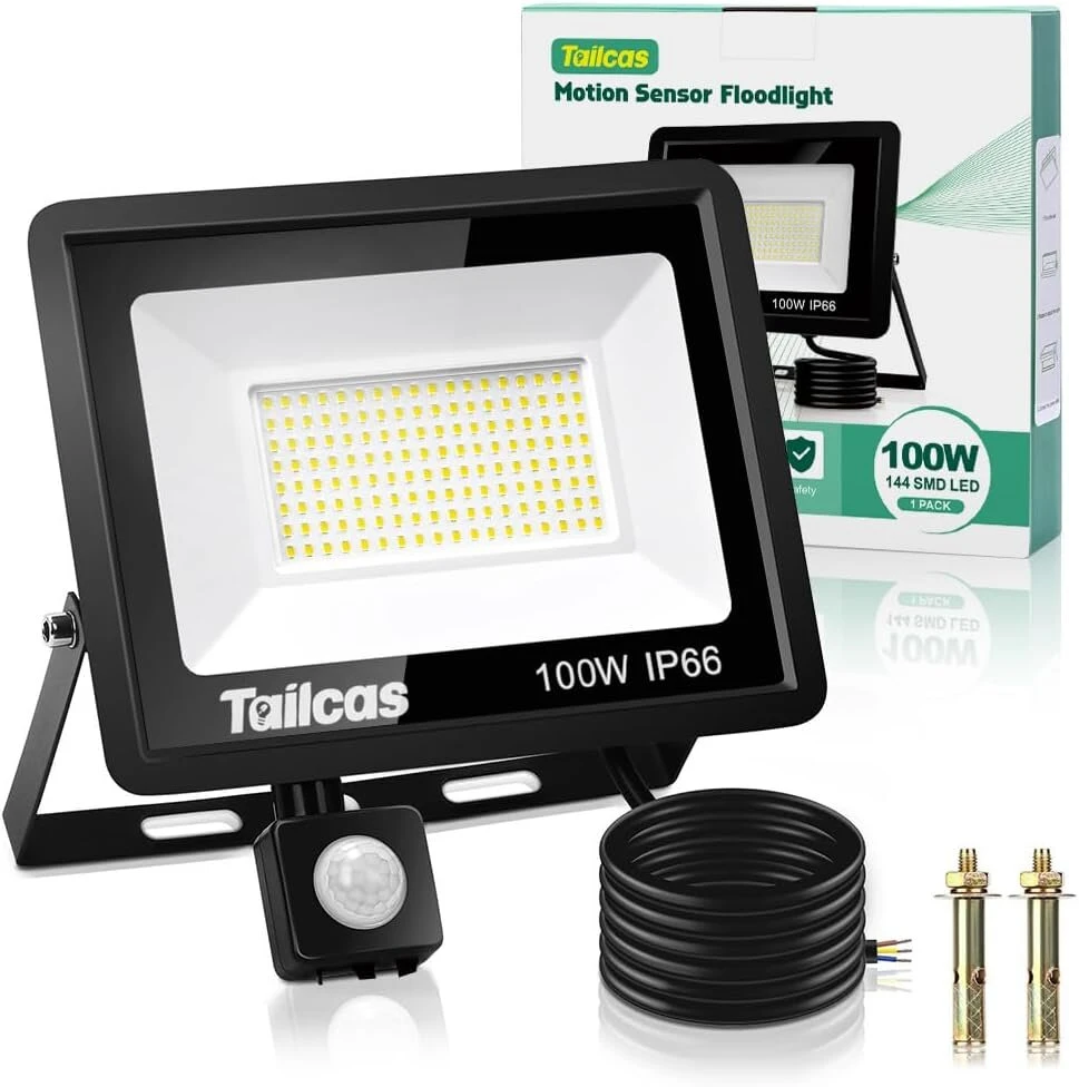 Tailcas 100 W led prožektorius su judesio davikliu lauke, 6500 K šaltai balta itin ryški 144 led prožektorius, 9000 lm lauko prožektorius, ip66 atsparus vandeniui prožektorius kiemui, sodui, garažui