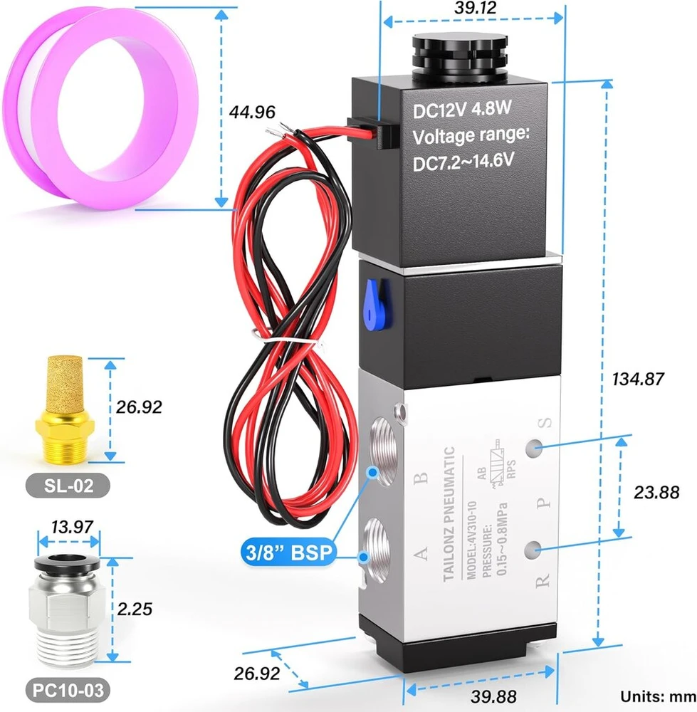 Tailonz Pneumatic 3/8 colio Bsp solenoidinis vožtuvas 12v vienos ritės pilotinis elektrinis 2 padėčių 5 krypčių jungties tipas 4v310-10