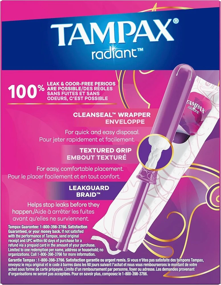 Tampax Radiant tamponai Super Plus sugeriamumas, bekvapiai, pakuotėje 14 vnt. (pakuotė gali skirtis)