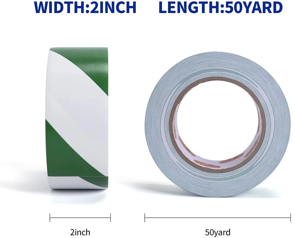 Tapebear Apsauginė įspėjamoji juosta balta žalia plazdanti juosta įspėjamoji juosta pavojų įspėjamoji pvc lipni žymėjimo juosta įspėjamiesiems ženklams ir grindų žymėjimui, 50 mm x 46 m, 16 ritinių