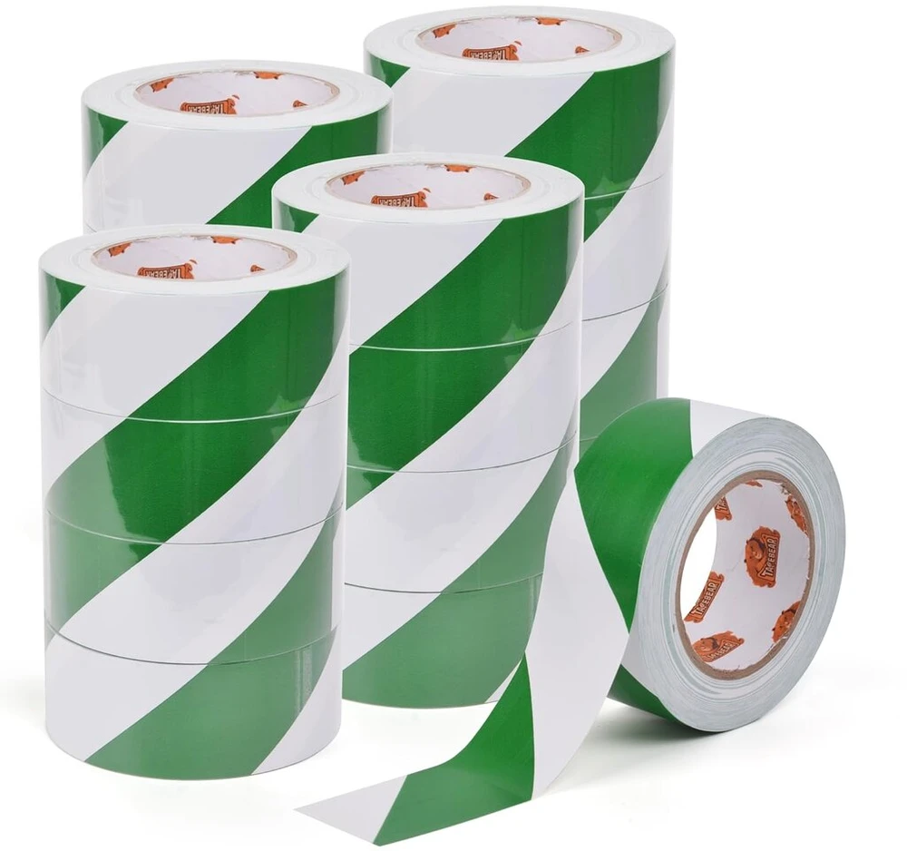 Tapebear Apsauginė įspėjamoji juosta balta žalia plazdanti juosta įspėjamoji juosta pavojų įspėjamoji pvc lipni žymėjimo juosta įspėjamiesiems ženklams ir grindų žymėjimui, 50 mm x 46 m, 16 ritinių