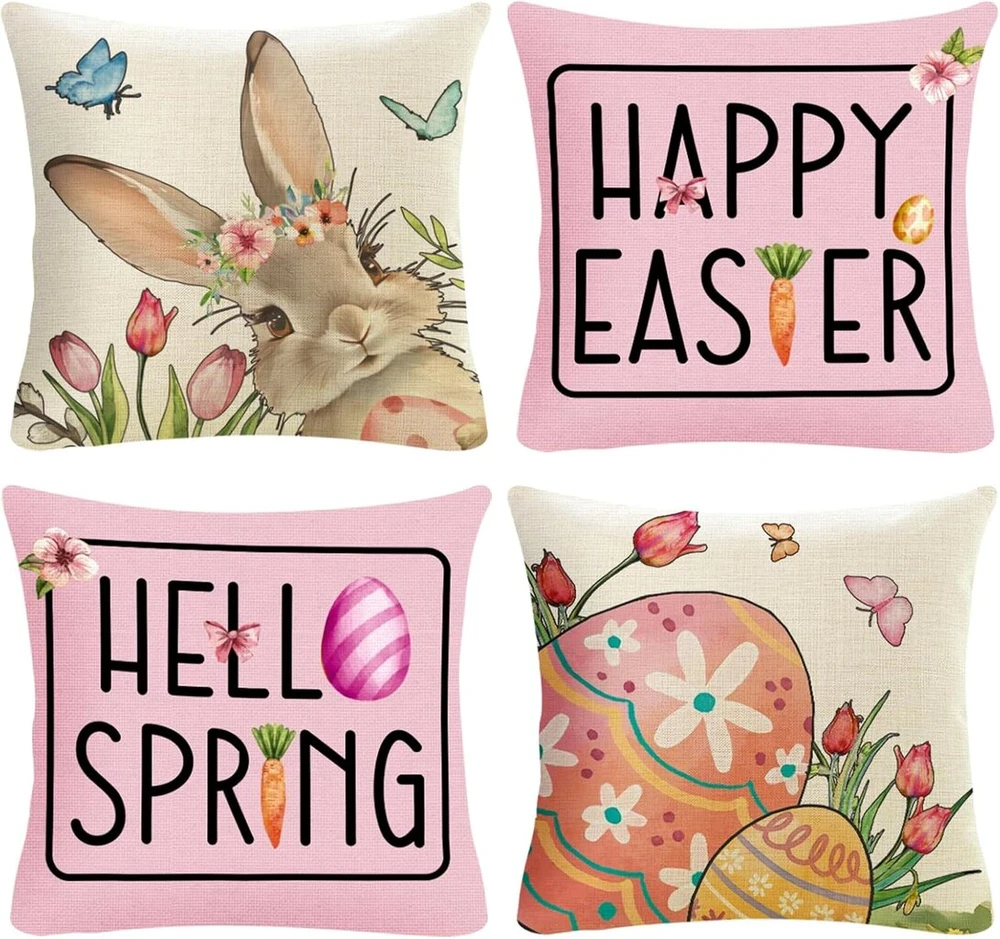 Tarklanda Happy Easter pagalvėlių užvalkalai su zuikiais, tulpėmis, velykiniais kiaušiniais, 4 vnt., 45 x 45 cm, Hello Spring dekoratyviniai pagalvėlių užvalkalai, velykiniai pagalvėlių užvalkalai sofai, svetainei