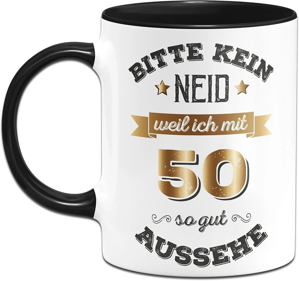 Tassenbrennerei puodelis su užrašu "bitte kein Neid weil ich mit 50 so gut aussehe" - juokingas kavos puodelis gimtadieniui kaip gimtadienio dovana - pokšto prekė