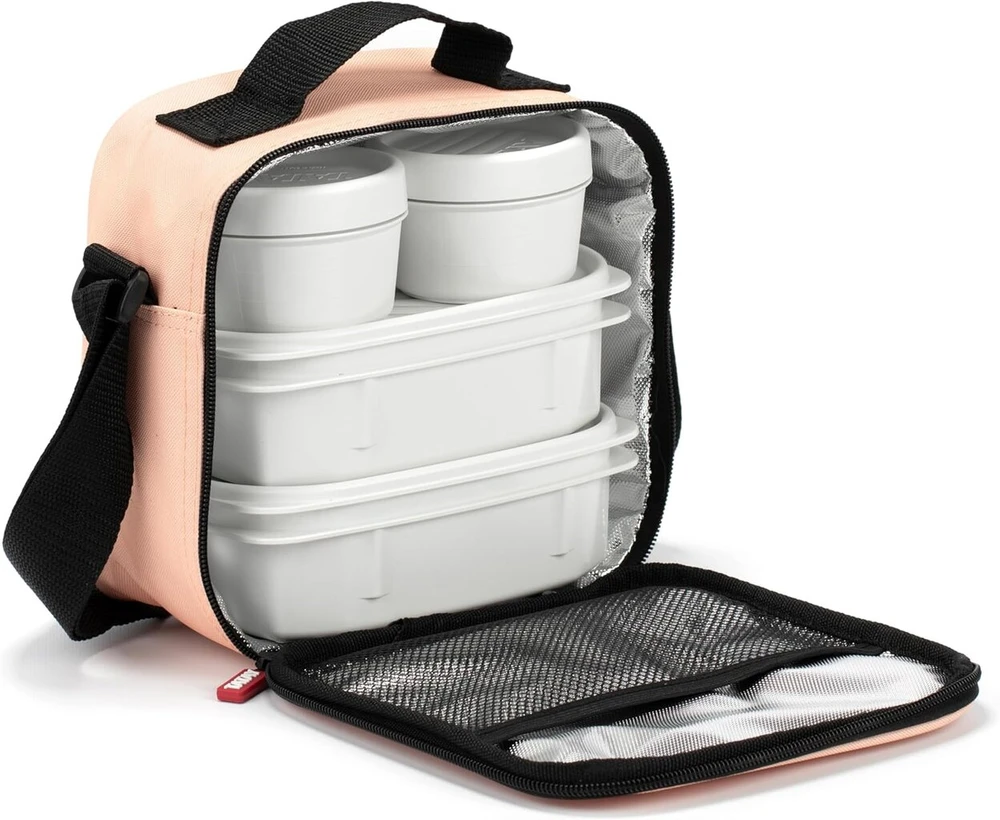 Tatay cool bag small, 3 l talpos, 4 plastikiniai maisto indai (2 x 0,5 l, 2 x 0,2 l) be bpa, persikų pūkelis, matmenys: 22,5 x 10 x 22 cm