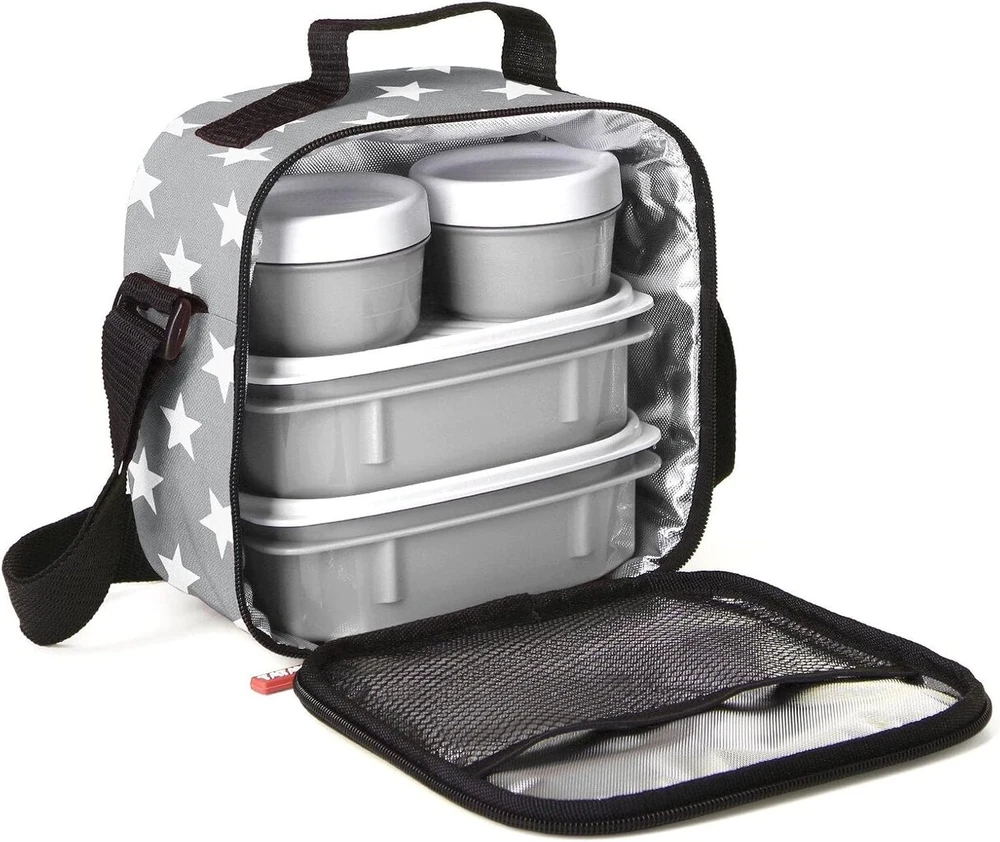 Tatay šaltkrepšis mažas, 3 l talpos, 4 plastikiniai maisto indai (2 x 0,5 l, 2 x 0,2 l) be Bpa, pilkas su žvaigždėmis. Matmenys: 22,5 x 10 x 22 cm