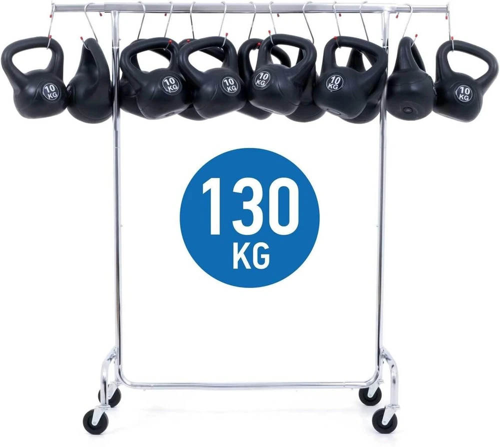 Tatkraft Didrik sunkiųjų drabužių kabykla su ratukais, 130 kg apkrova, ištraukiamas drabužių stovas pakabinamiems drabužiams, chromuotas plienas