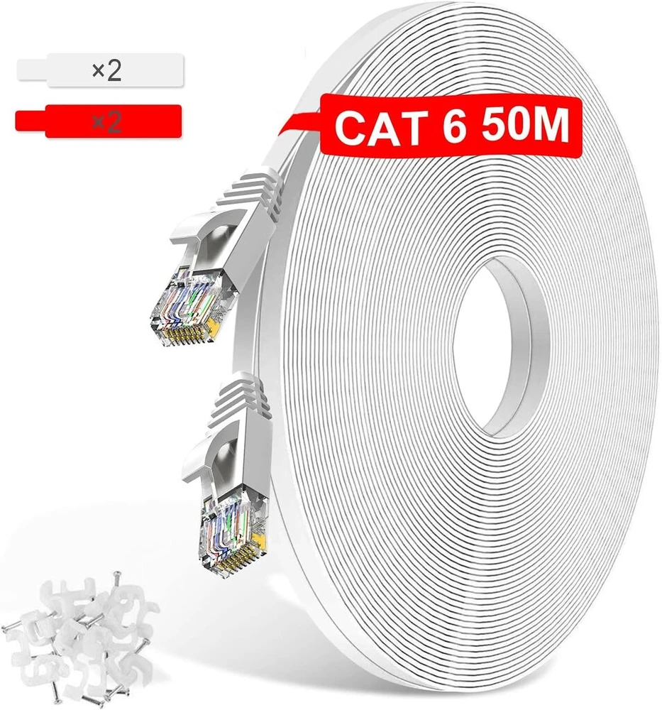 Tbmax 50 m ethernet cat6 itin ilgas tinklo kabelis 1000 mbit/s 250 mhz didelio greičio gigabitinis lan interneto kabelis plokščias kabelis su rj45 jungtimi, skirtas maršrutizatoriui/modemui/jungikliui/pc/nešiojamam kompiuteriui, baltas