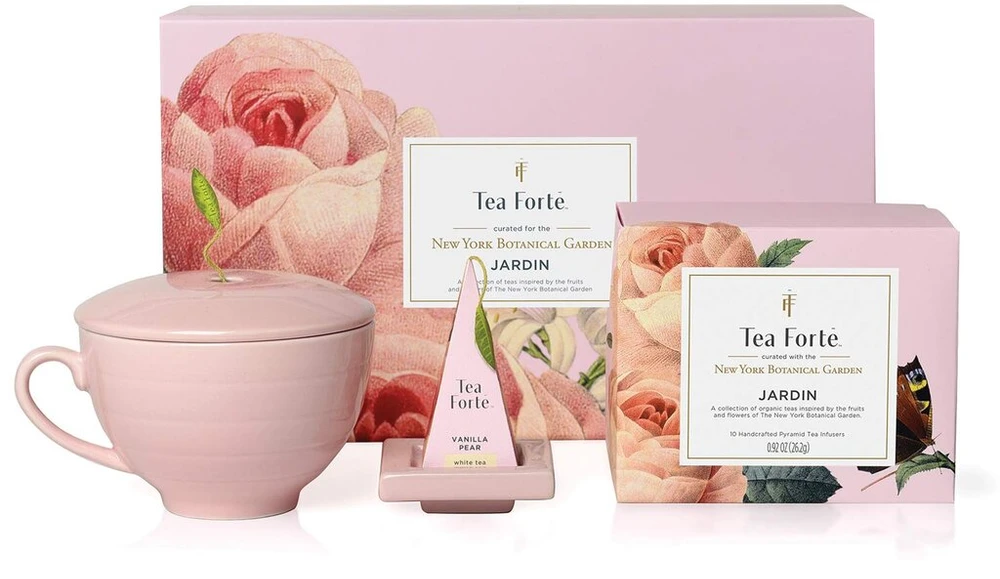 Tea Forte dovanų rinkinys: kavos puodelis, arbatos padėklas ir 10 rankų darbo piramidės formos arbatos užplikiklių (jardin)