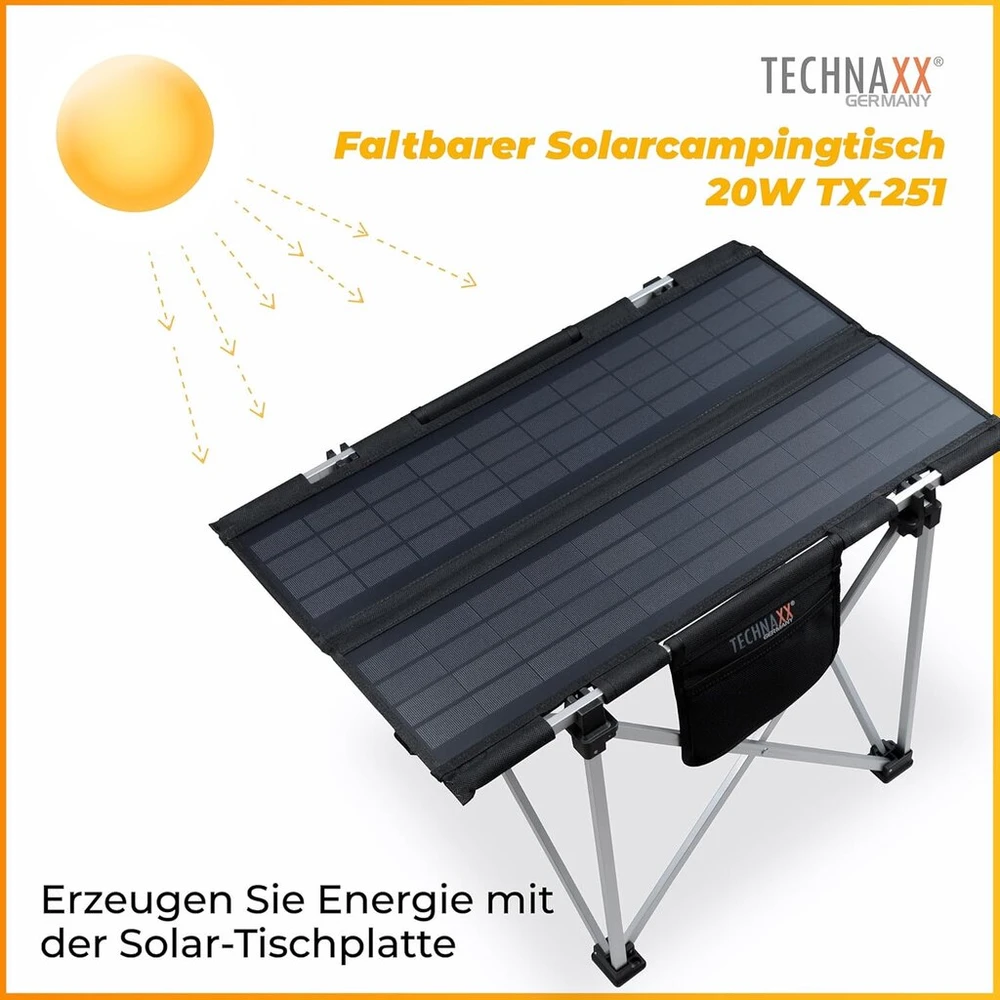 Technaxx sulankstomas saulės energijos stovyklavimo stalas Tx-251 - nešiojamas saulės baterijų įkroviklis su 2 x Usb įkrovimo prievadais ir kompaktišku dizainu - idealus stovyklavimui ir lauke, juodas