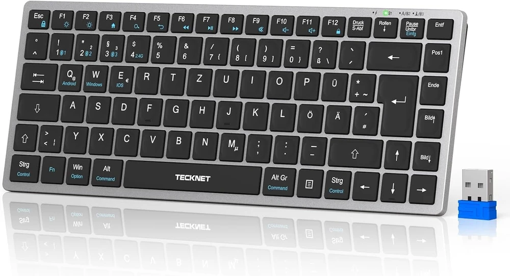 Tecknet belaidė klaviatūra – laisvas perjungimas tarp 4 įrenginių (2,4 g + bt), įkraunama bluetooth klaviatūra, vokiškas qwertz itin plonas išdėstymas, skirtas pc, nešiojamam kompiuteriui, planšetiniam kompiuteriui, išmaniajam televizoriui ir mobiliajam t