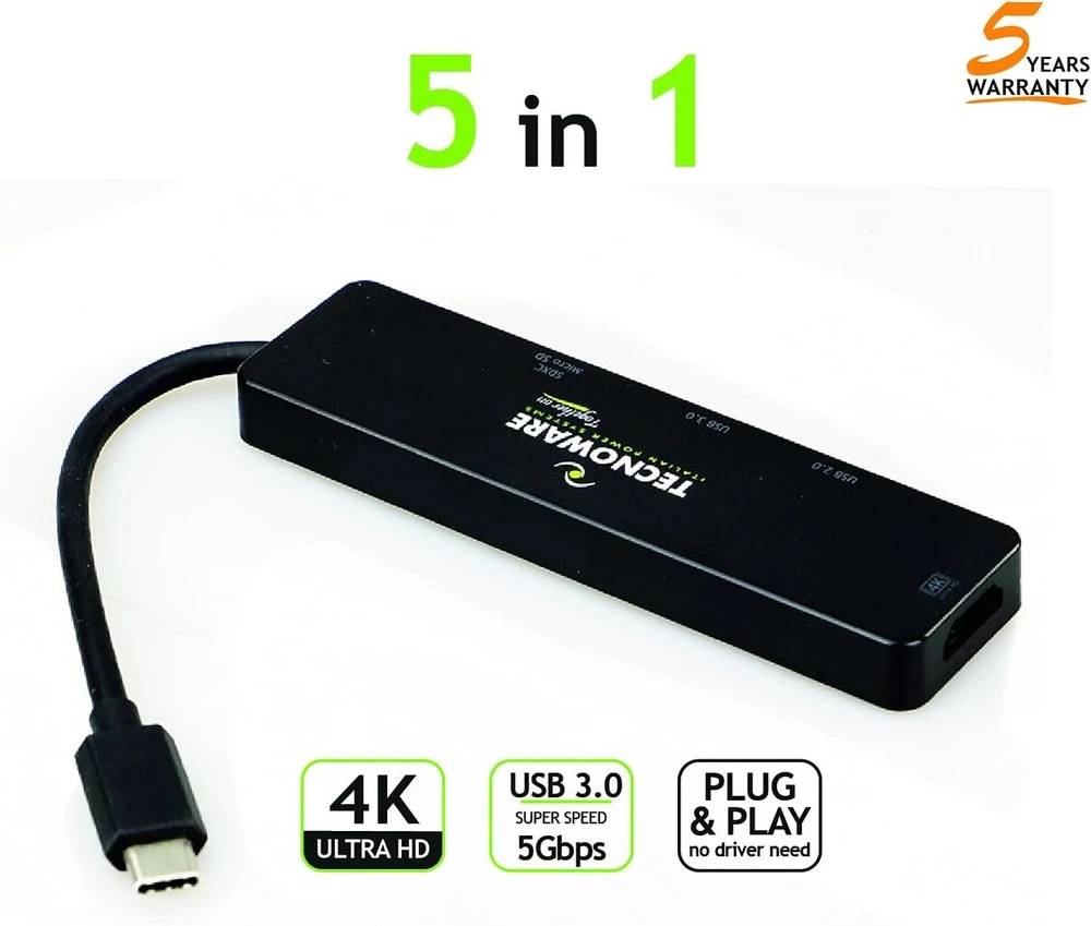 Tecnoware Usb-c 5-in-1 Adapteris: Hdmi 4k, Usb 3.0, Sd/microsd