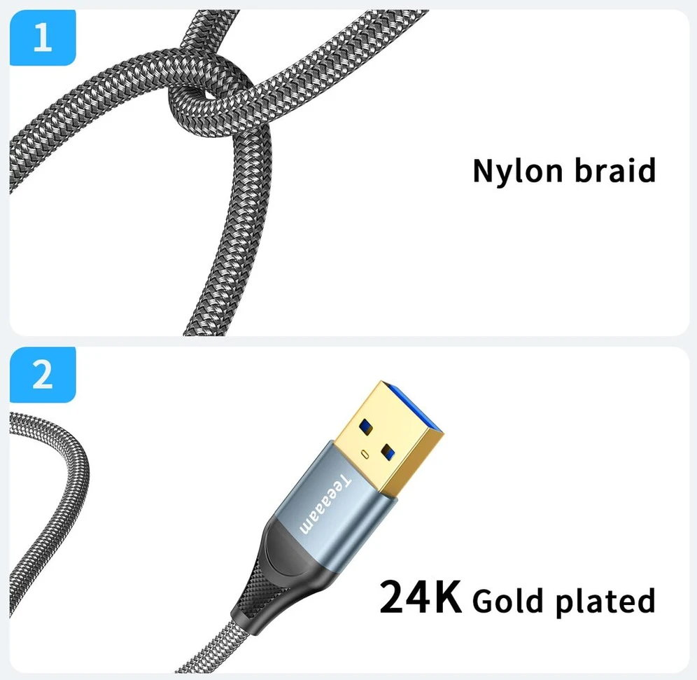 Teeaam Usb 3.0 kabelis 0.3 m itin spartus kabelis A Male į A Male Usb jungties kabelis, suderinamas su spausdintuvais, modemais, standžiaisiais diskais, kameromis ir kt. Pilkas