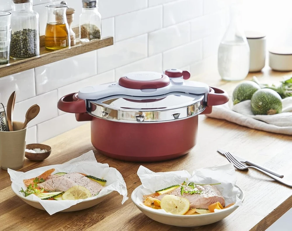 Tefal Clipso Minut Duo slėginė viryklė 5 l aliumininė slėginė viryklė su 5 saugos sistemomis ir lengvu valdymu viena ranka, lėta ugnis, puodo režimas, garų funkcija, slėginė viryklė