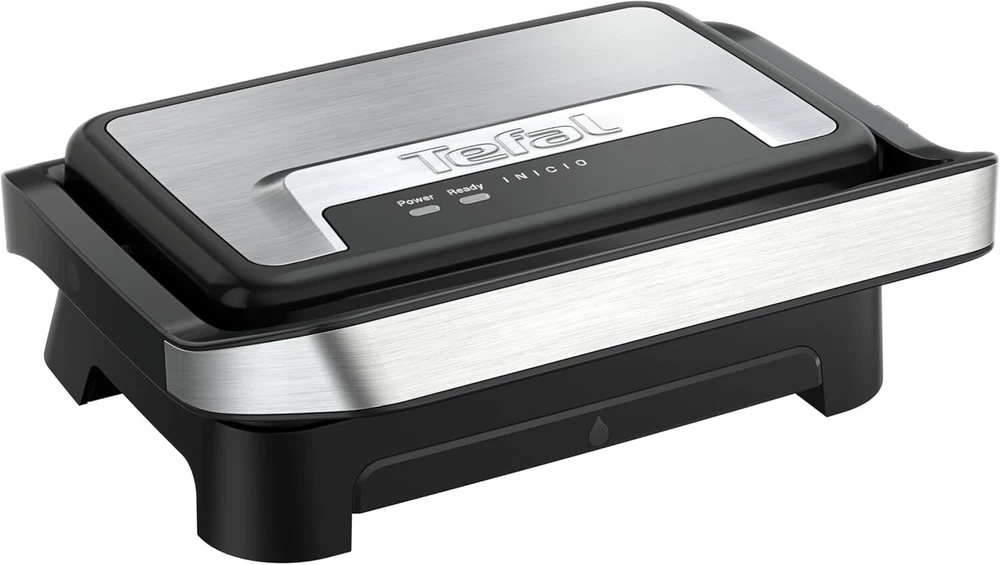 Tefal Inicio Compact 2-in-1 kontaktinis ir panini grilis, 1000 W, kompaktiškas dizainas, nerūdijančio plieno korpusas, sulčių padėklas, nelimpančios grotelės, nerūdijantis plienas/juoda, Gc270d10