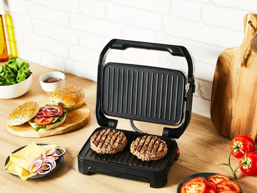 Tefal Inicio Compact 2-in-1 kontaktinis ir panini grilis, 1000 W, kompaktiškas dizainas, nerūdijančio plieno korpusas, sulčių padėklas, nelimpančios grotelės, nerūdijantis plienas/juoda, Gc270d10
