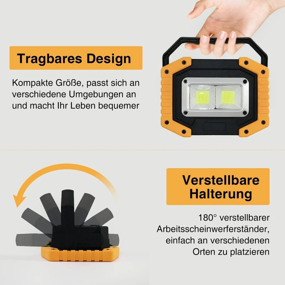 Tekstap Led statybinis prožektorius su baterija, nešiojama kempingo lempa, 2 x Cob 30 W 1500 Lm Led darbo lemputė Usb garažui, lauko stovyklavimui, žvejybai, avarinėms statybvietėms, 3 šviesos režimai (2 vnt.)