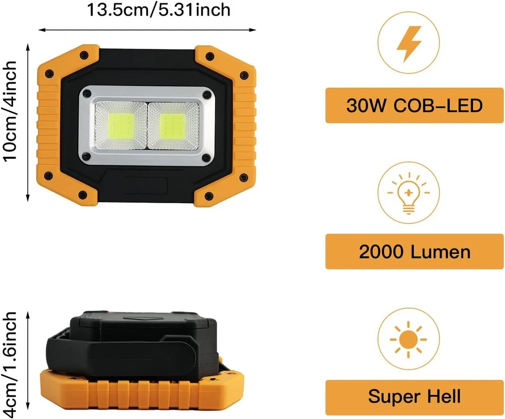 Tekstap Led statybinis prožektorius su baterija, nešiojama kempingo lempa, 2 x Cob 30 W 1500 Lm Led darbo lemputė Usb garažui, lauko stovyklavimui, žvejybai, avarinėms statybvietėms, 3 šviesos režimai (2 vnt.)