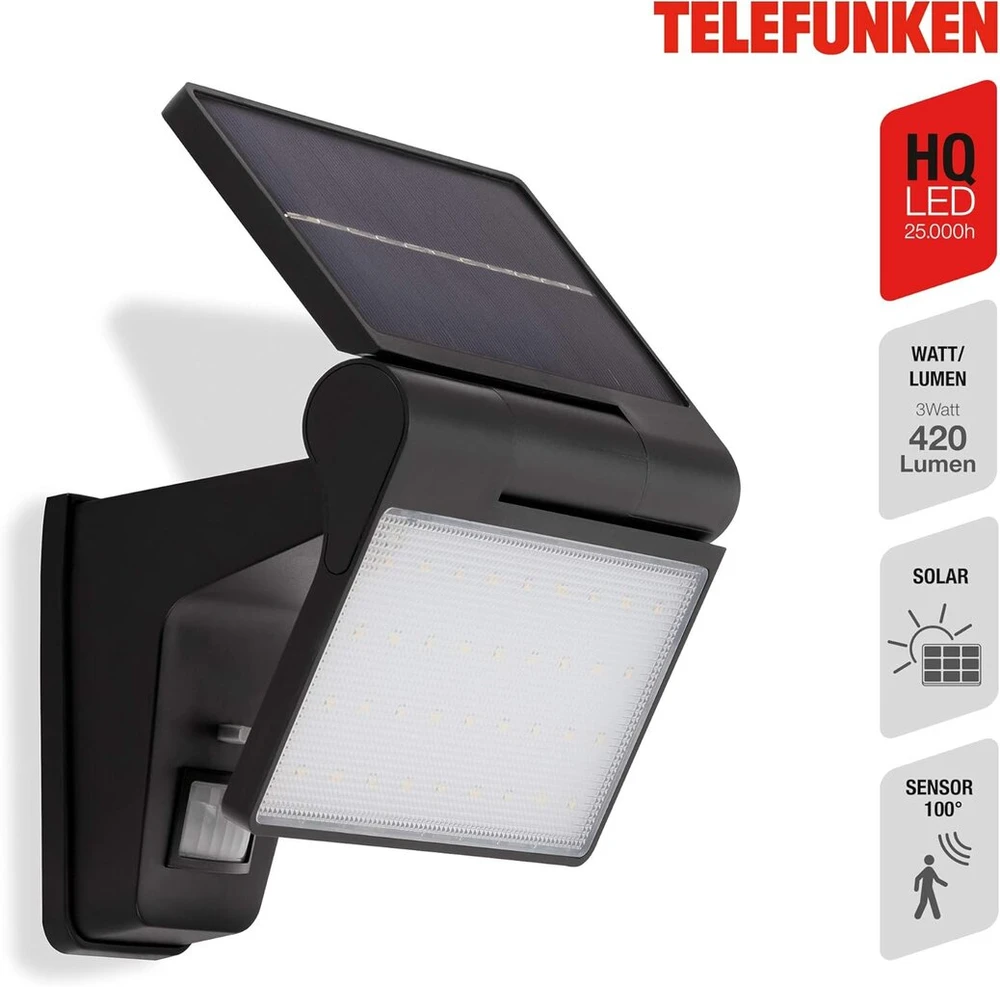 Telefunken - led saulės šviestuvas, lauko prožektorius su judesio davikliu, su nuolatinės šviesos funkcija, maitinamas baterijomis, ip44, juodas, 229 x 152 x 126 mm (i x p x a)