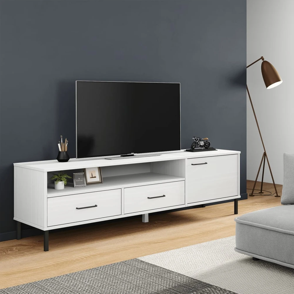 TV staliukas Televizoriaus spintelė su kojomis, balta, pušies masyvas, OSLO