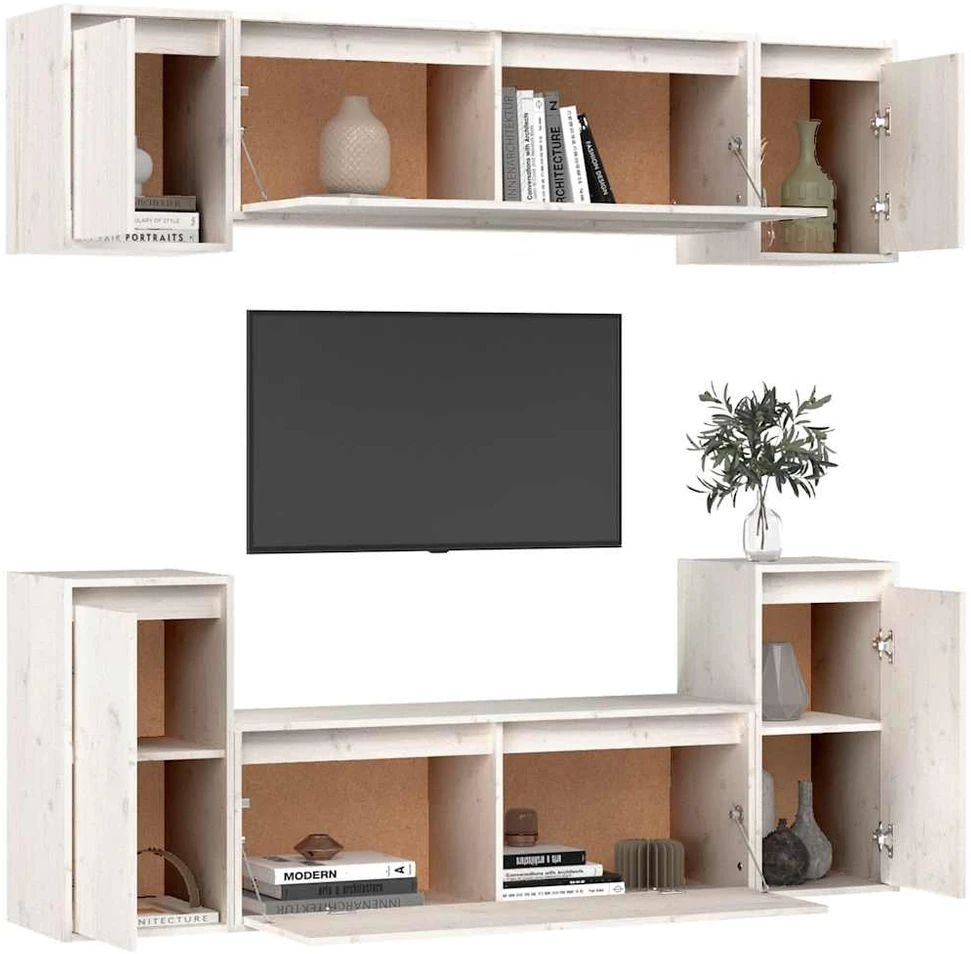 TV staliukas Televizoriaus spintelės, 6vnt., baltos, pušies medienos masyvas