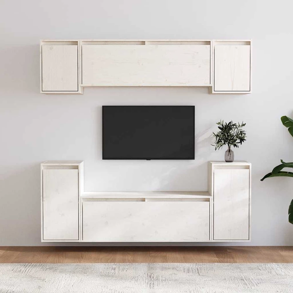 TV staliukas Televizoriaus spintelės, 6vnt., baltos, pušies medienos masyvas