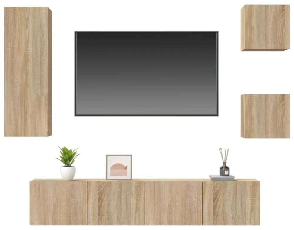 TV staliukas Televizoriaus spintelių komplektas, 5 dalių, ąžuolo, mediena