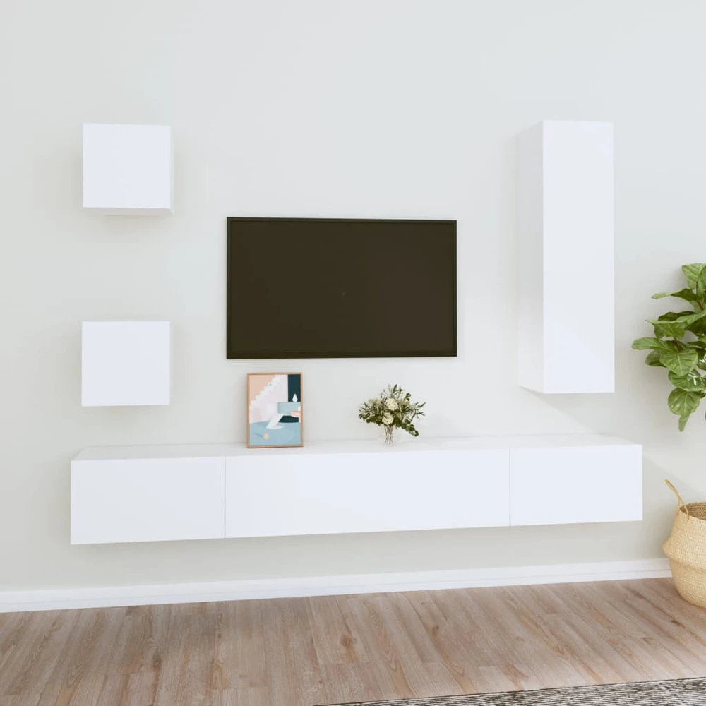 TV staliukas Televizoriaus spintelių komplektas, 5 dalių, baltas, mediena