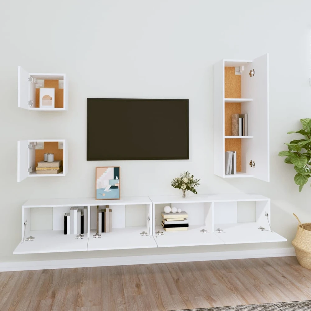TV staliukas Televizoriaus spintelių komplektas, 5 dalių, baltas, mediena