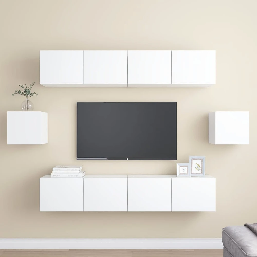 TV staliukas Televizoriaus spintelių komplektas, 6 dalių, baltas, mediena