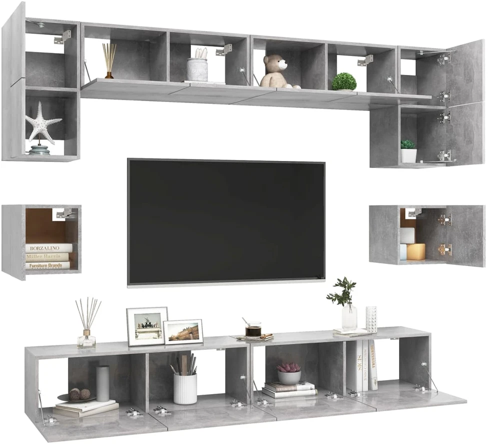 TV staliukas Televizoriaus spintelių komplektas, 8 dalių, betono, mediena
