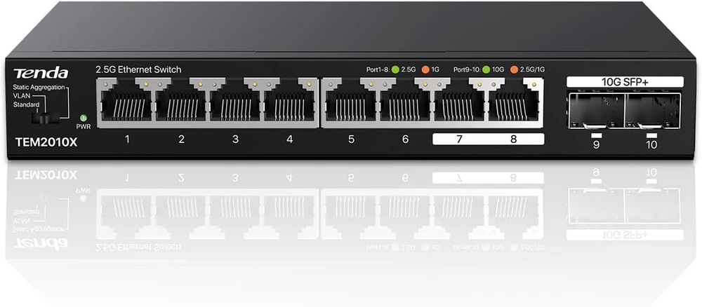 Tenda 2.5 Gbit komutatorius su 8x 2.5g prievadais ir 2x 10g Sfp+ prievadais (vlan, statinė agregacija, be ventiliatoriaus, Plug & Play, montuojamas ant stalo/sienos, nevaldomas, metalinis korpusas) (tem2010x)