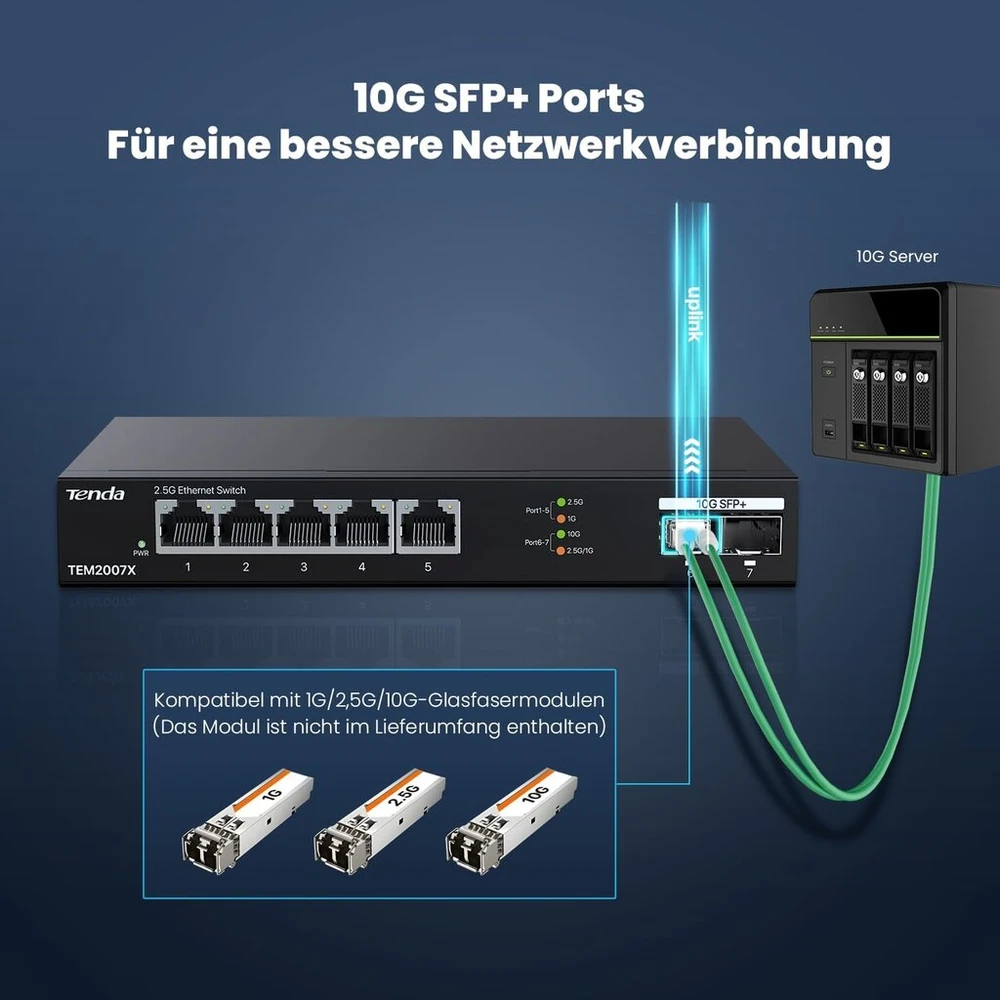 Tenda Tem2007x 2.5gbit komutatorius su 5 x 2.5g prievadais ir 2 x 10g Sfp+ prievadais, nevaldomas 2.5 gigabito ethernet Lan komutatorius (plug and play, be ventiliatoriaus, montuojamas ant stalo/sienos, metalinis korpusas, juodas)