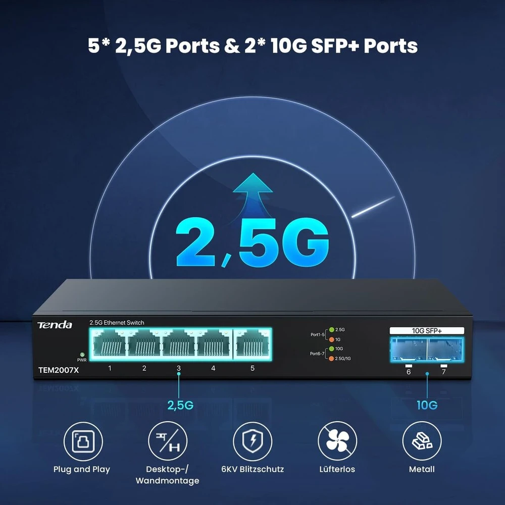 Tenda Tem2007x 2.5gbit komutatorius su 5 x 2.5g prievadais ir 2 x 10g Sfp+ prievadais, nevaldomas 2.5 gigabito ethernet Lan komutatorius (plug and play, be ventiliatoriaus, montuojamas ant stalo/sienos, metalinis korpusas, juodas)