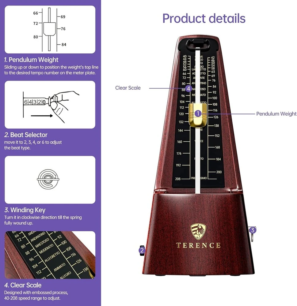 Terence mechaninis metronomas gitarai bosinei gitarai pianinui smuikui bosinis metronomas su tiksliu judesiu didelio tikslumo tradicinė piramidė pradedantiesiems suaugusiems ir vaikams, riešuto spalvos