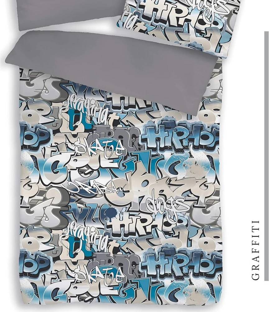 Termana Graffiti patalynės komplektas, 135 x 200 cm, 100% medvilnė, užtrauktukas, mėlyna, pilka, 3d paauglių patalynė, patalynė berniukams, dovanos idėja žaidimams