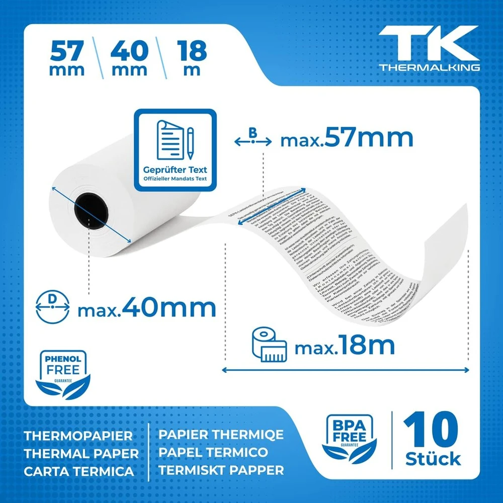 Terminiai kasos aparatu popieriaus ritinėliai 57mm x 40mm (18m) - 10 vnt.