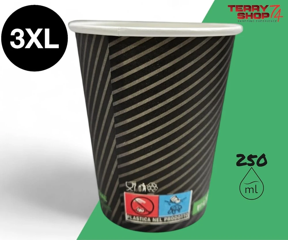 Terryshop74 100 vienetų Xxxl 250 ml popierinių puodelių rinkinys karštiems ir šaltiems gėrimams, kapučino, alaus gėrimams (juodi dryžiai)
