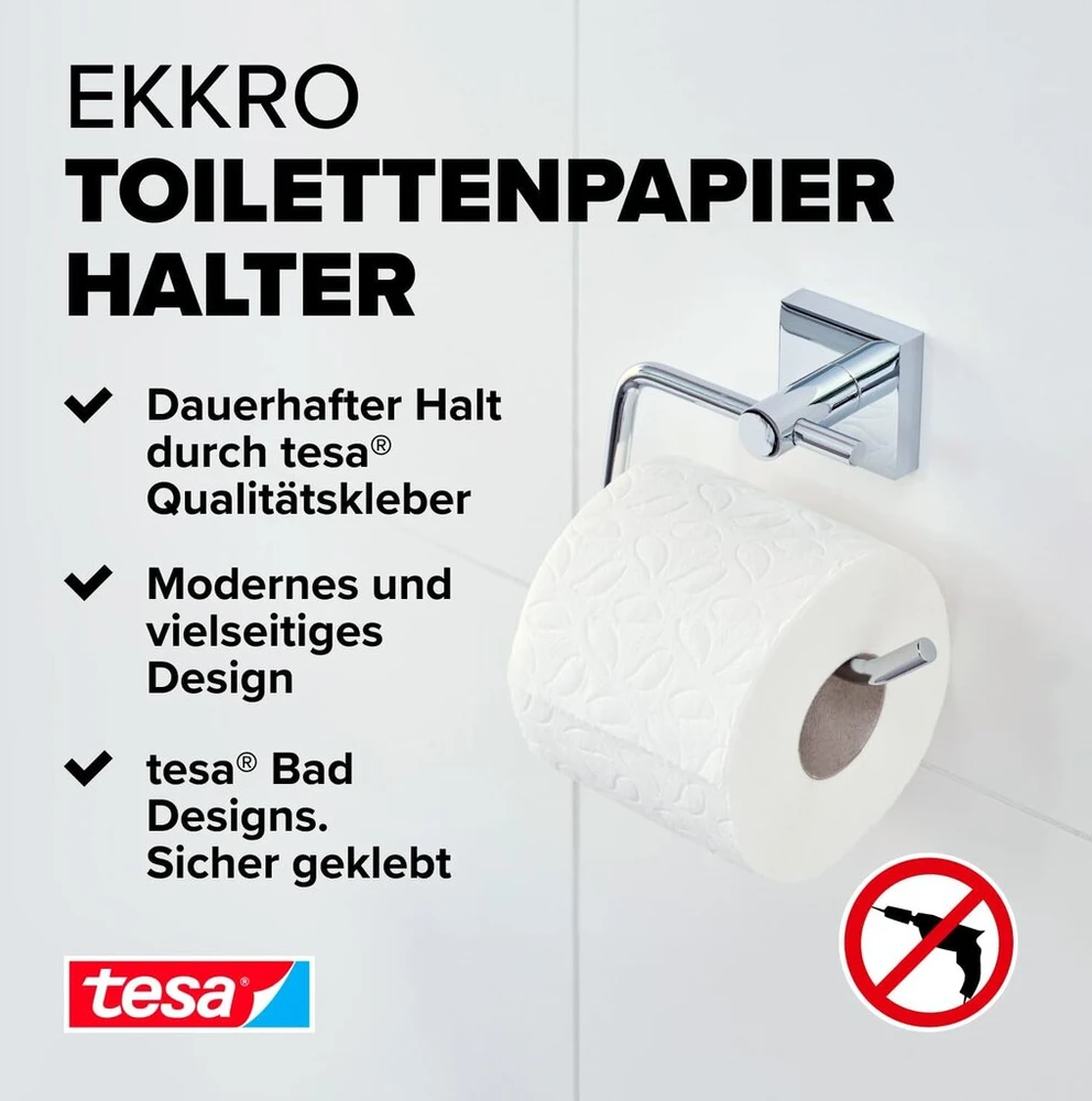 Tesa ekkro tualetinio popieriaus laikiklis, blizgus chromas, įsk. klijų sprendimą, didelė laikymo galia (iki 6kg), 53 mm x 140 mm x 99 mm