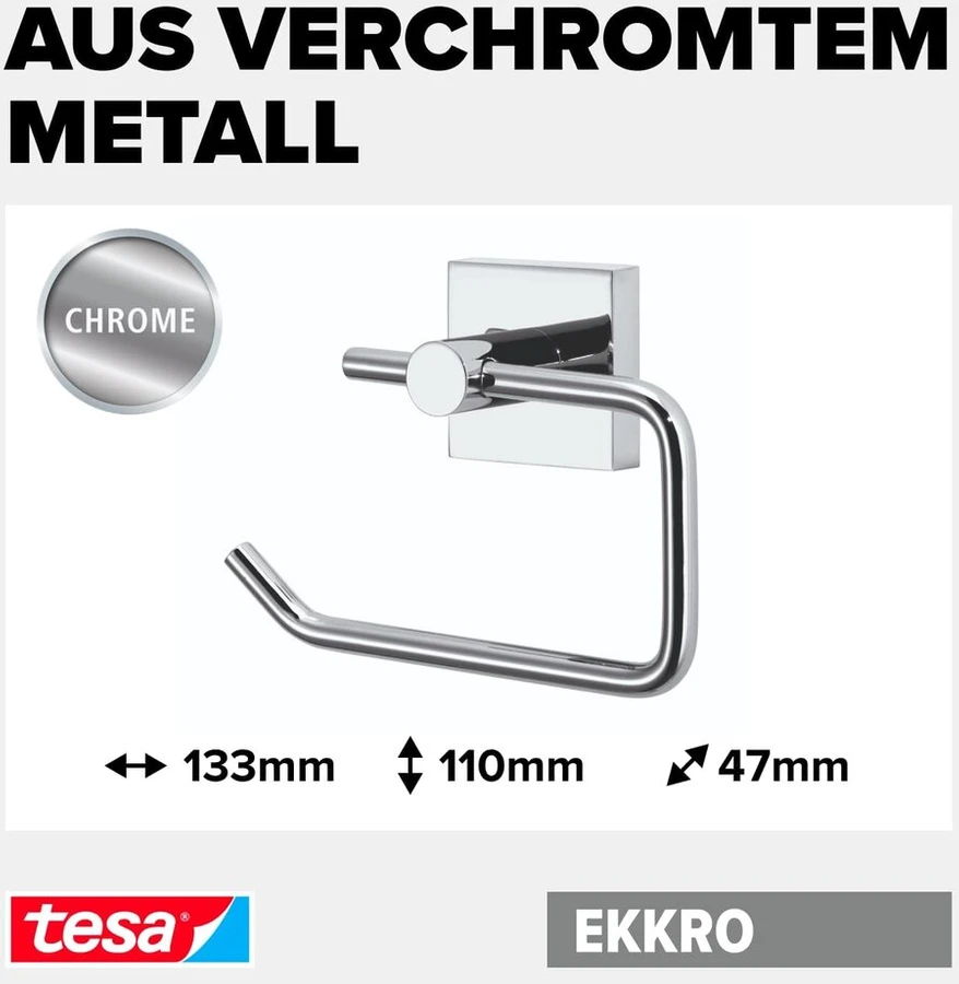 Tesa ekkro tualetinio popieriaus laikiklis, blizgus chromas, įsk. klijų sprendimą, didelė laikymo galia (iki 6kg), 53 mm x 140 mm x 99 mm