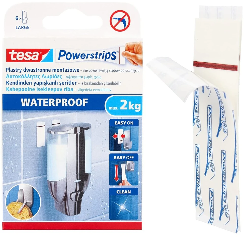 Tesa Powerstrips® Vandeniui atsparios didelės, 2kg laikymo, baltos