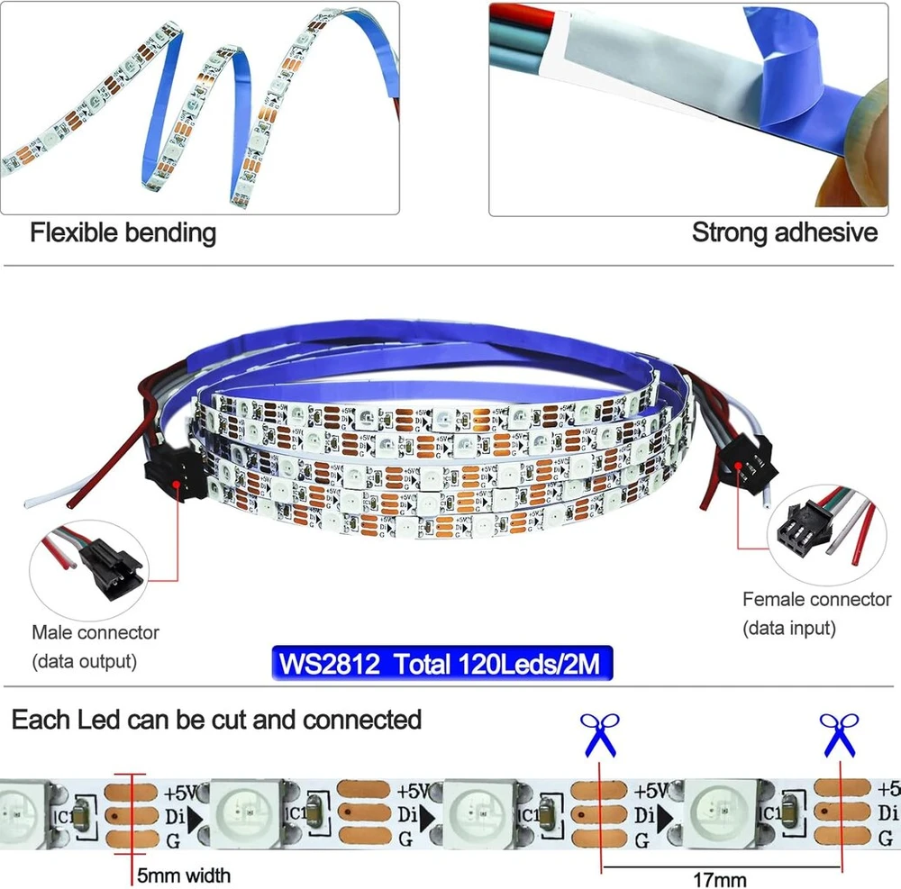 Tesfish Ws2812b led juosta 5 V, 5 mm pločio itin plona rgb pikselių juosta 2 m 5050 120 led ip30 balta pcb spalvota atskirai adresuojama šviesos juosta skirta "pasidaryk pats" reklaminiams papuošimams