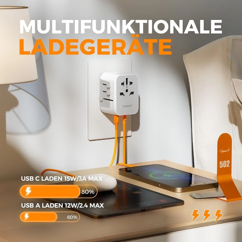 Tessan kelioninis adapteris visame pasaulyje, universalus kelioninis adapteris su 2 Usb A ir 3 Usb C, tarptautinis lizdo adapteris, kelioninis kištuko adapteris visame pasaulyje, skirtas Jav, Anglijai, Japonijai, Tailandui, Australijai, kelionėms