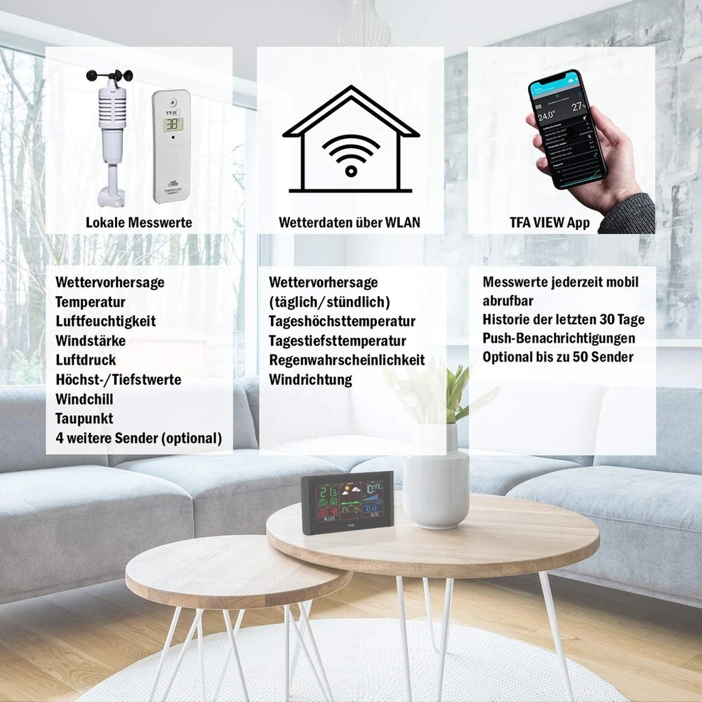 Tfa Dostmann Breeze Wifi meteorologijos stotis, 35.8001.01, įskaitant vėjo matuoklį, profesionali orų prognozė, nemokama View programėlė, barometras, reguliuojami aliarmai, rasos taškas, juoda, (i) 229 x (p) 27 (83) x (a)