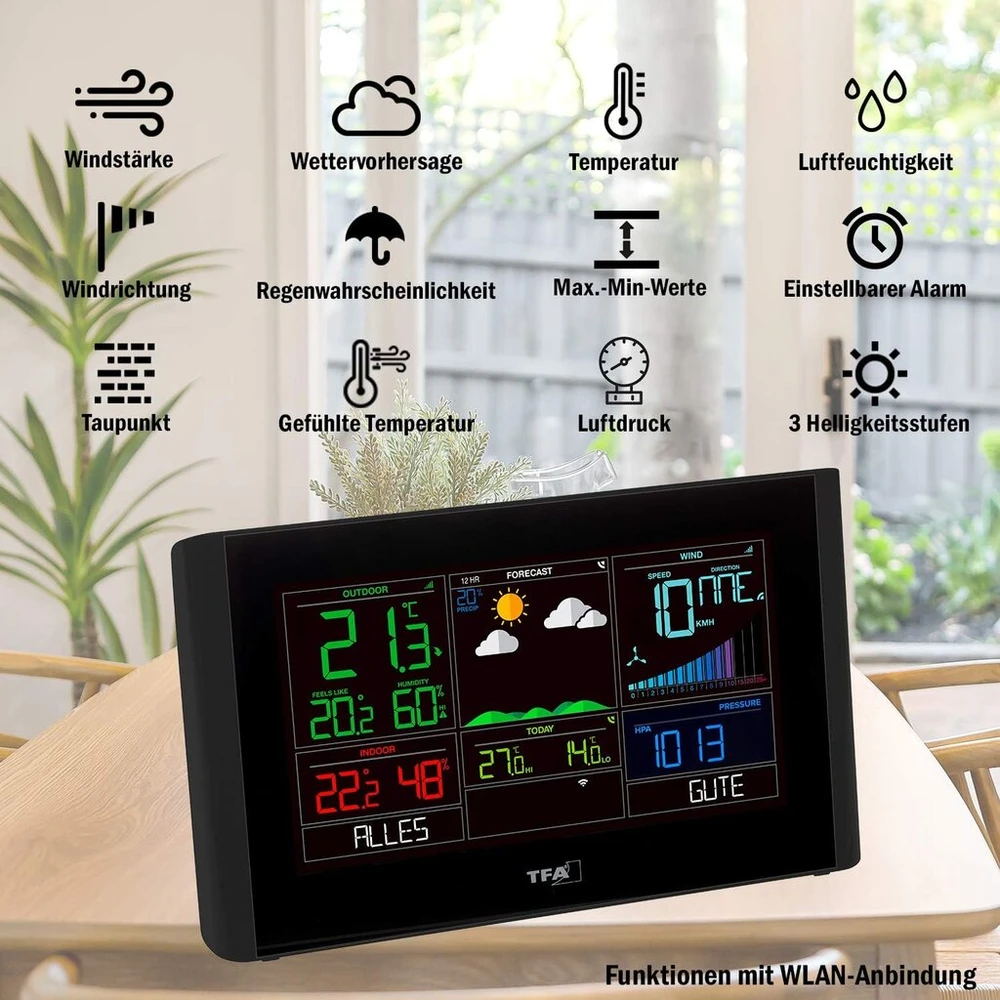 Tfa Dostmann Breeze Wifi meteorologijos stotis, 35.8001.01, įskaitant vėjo matuoklį, profesionali orų prognozė, nemokama View programėlė, barometras, reguliuojami aliarmai, rasos taškas, juoda, (i) 229 x (p) 27 (83) x (a)