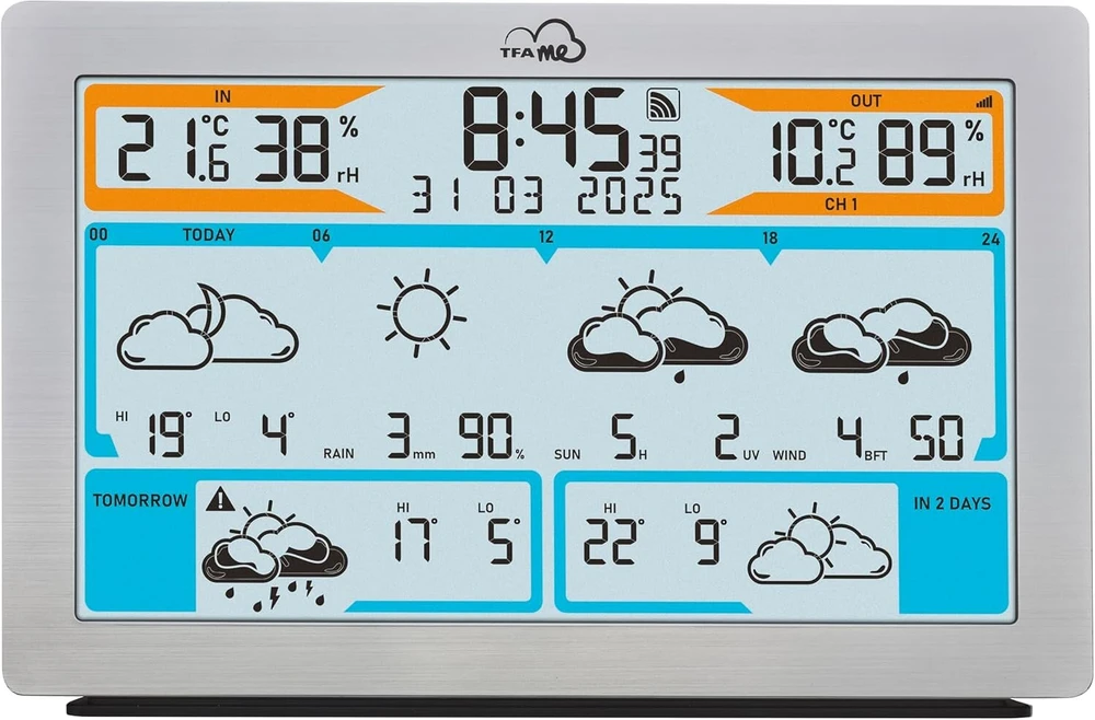 Tfa Dostmann Wlan meteorologijos stotis Tfa.me Id-02, 35.8100, profesionali orų prognozė iš wetter.com 3–6 dienoms, internetinis portalas, įskaitant lauko jutiklio radiją, max-min reikšmes, įspėjimo funkciją