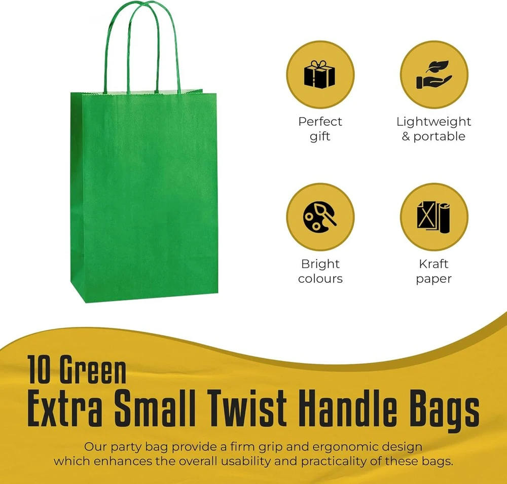 Thepaperbagstore 10 itin mažų popierinių maišelių vakarėliams ir dovanoms su rankenėlėmis - žali - 140 x 210 x 80 mm